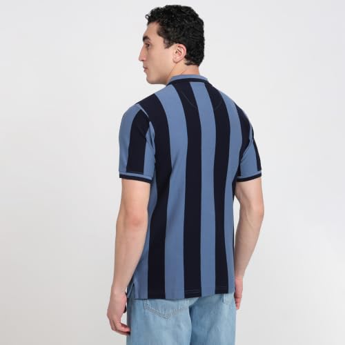 Image of Raymond Men Modern Fit Stripe Pattern Pure Cotton Polo Neck Half Sleeve Casual T-Shirt