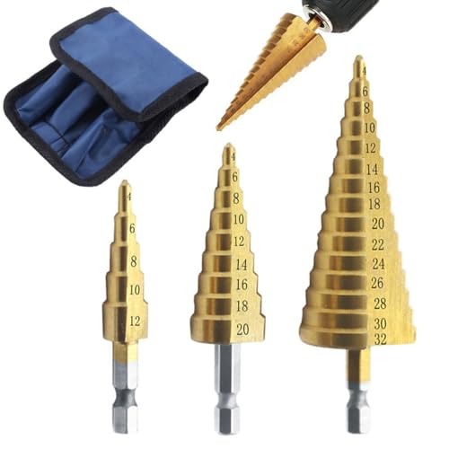 OUDQFCJ 3 Piezas Broca Escalonada,Broca Escalonada para Metal,Broca Conica,Revestimiento de Titanio para Acero Plástico, Madera,Inoxidable, Chapa