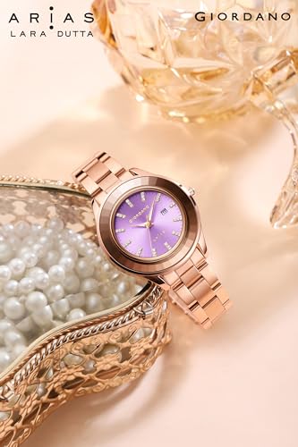 Image of Giordano Arias Lara Dutta Signature Collection Analog Quartz Watch for Women Round Sunray Dial Crystal Hour Markers, Date Display & Stainless Steel Strap