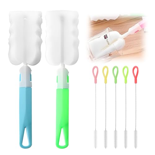 Pack de 7 cepillos limpiadores, 2 cepillos para botellas de esponja, Cepillos de Paja, 5 Piezas Cepillos de Limpieza de Paja, Cepillos de Paja de Acero Inoxidable, Cepillo para Tubos de Ensayo
