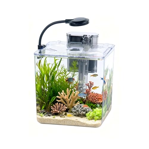 5L Starter Fish Tank Kit, 18 * 18 * 18CM Mini Plastic Aquarium with LED Light & USB Filter, DIY Aquascape for Small Betta Fish