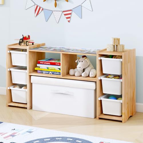 Image of MallBest Montessori Shelf for Kids - 100% Solid Pine Wood with 6 Removable Plastic Bins, Toy Storage Organizer Cabinet for Playroom, Bedroom & Nursery (Natural)