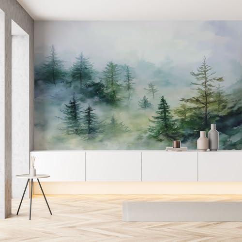 Gaqinhh Jungle Aquarelle Papier Peint Panoramique Forêt Brumeuse Papier Peint Intissé Vert Salon, Adulte Chambre D'Enfants, Restaurant Décoration Murale 200 x 140 cm (L x H)