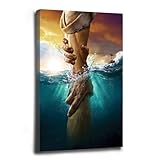 WKEVKOAN jesus painting wall art Hand of God Jesus reaching into the water Christianity Religion Blue Ocean Canvas Art Poster and Mural Print Home Decor for Bedroom Living Room Sea Pictures