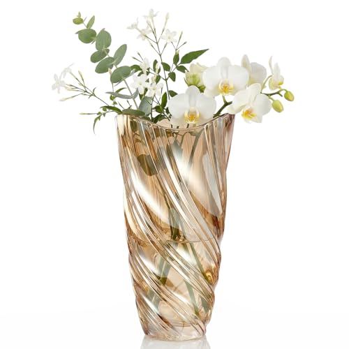 Image of Flower Vase Home Decoration,Coloured Glass Vase for Flowers,Twisted Crystal Vase for Pampas Grass/Daffodil/Tulip,PersonalisedVase for Living Room/Dining Table Decoration,Wide Neck Vase(Twisted Amber)