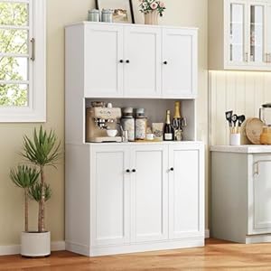 71" Tall Kitchen Pantry Storage Cabinet with Microwave Stand & Door Shelf, Freestanding Kitchen Hutch with 6 Doors and Adjustable Shelves, Modern Food Pantry for Kitchen, Dining Room, White 71 Tall Kitchen Pantry Storage Cabinet with Microwave Stand Door Shelf Freestanding Kitchen Hutch with 6 Doors and Adjustable Shelves Modern Food Pantry for Kitchen Dining Room White