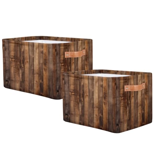 Image of Rustic Wooden Board Storage Baskets for Organizing, Fabric Collapsible Storage Bins Box Retro Decorative Toy Organizer Baskets for Closet Shelves Gift Basket 2Pcs
