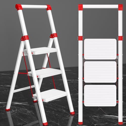 DIAMONDFORGE 3 Step Ladder with Handle, Foldable Step Stool for Adults - Extra Wide Non-Slip Pedal, Sturdy Reinforced Construction & Rubber Feet, for Home and Kitchen Use, White Red