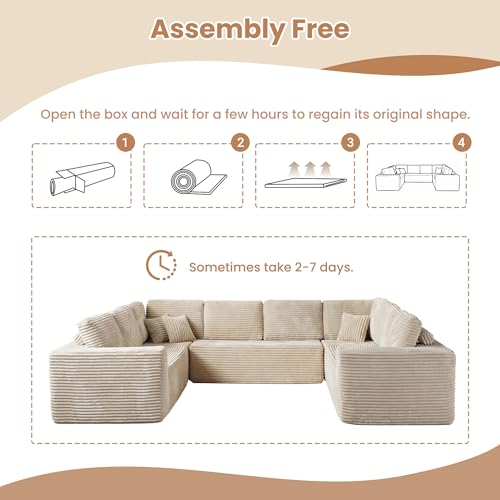 Image of HOOOWOOO Cloud Sectional Couches for Living Room,Modular Sectional Sofa No Assembly,136X110 Inch Plush Corduroy Large U Shaped Floor Couch Set with Deep Seat(Beige)