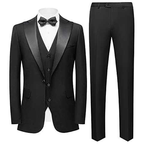 Sliktaa Mens Suits 3 Pieces Suit Set Slim Fit Single Breasted One Button Formal Tuxedo Suit Wedding Business Performance Blazer Waistcoat Trousers, Black, L Cover