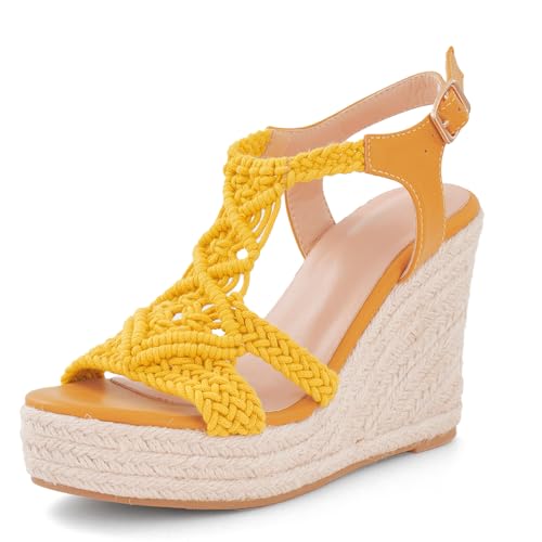 Image of Women's Woven Espadrille Wedge Sandals Bohemian Braided Open Toe Summer Shoes with Adjustable Strap 3.9 inch Platform Heel for Wide Feet, Comfortable Walking