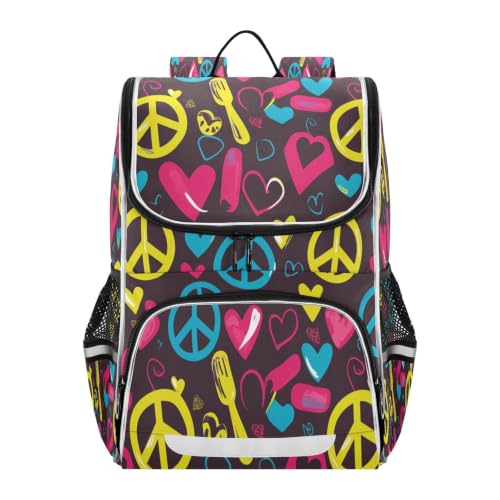 Sac à dos scolaire grande capacité avec symboles abstraits colorés pour fille et garçon