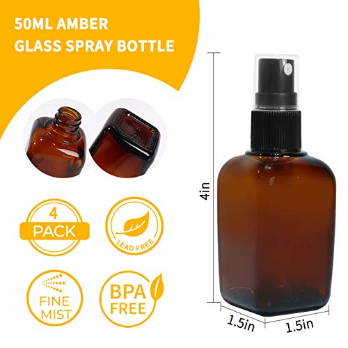 4 Pack 1.7oz 50 ml Square Amber Glass Spray Bottles with Fine Mist Sprayer & Dust Cap for Essential Oils, Perfumes,Cleaning Products.Included 1 Brush,4 Extra Sprayers,1 Funnels,2 Droppers & 6 Labels.