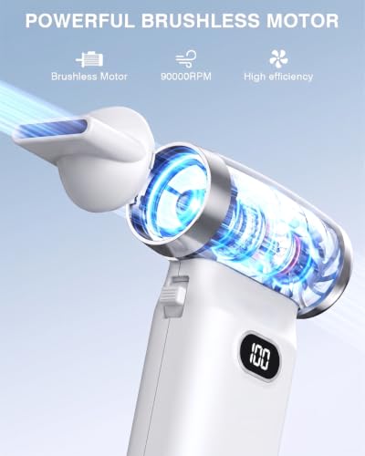 Image of Electric Compressed Air Duster Cordless: 60 MPH High Wind Speed Mini White Air Blower for Electronics Portable Computer Cleaner Hand Keyboard Cleaning Powerful Duster for Car, Fans and Other Sences