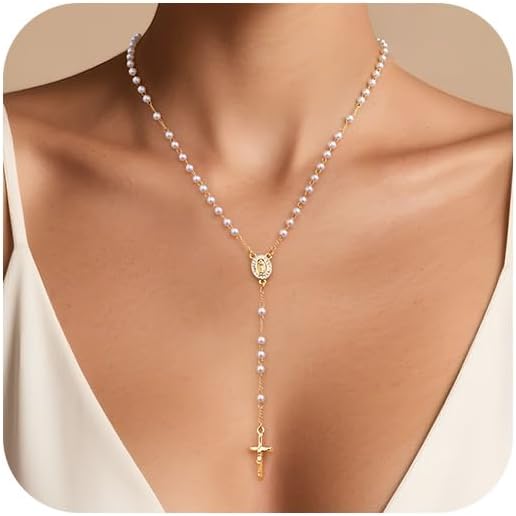 Women's Gold Virgin Mary Necklace - 14k Gold Plated Rosary Bead Cross Necklaces,Hypoallergenic Non Tarnish Gold Catholic Y Chain Necklace,Religious Rosary Beads Crucifix Necklaces Jewelry Gift for Her