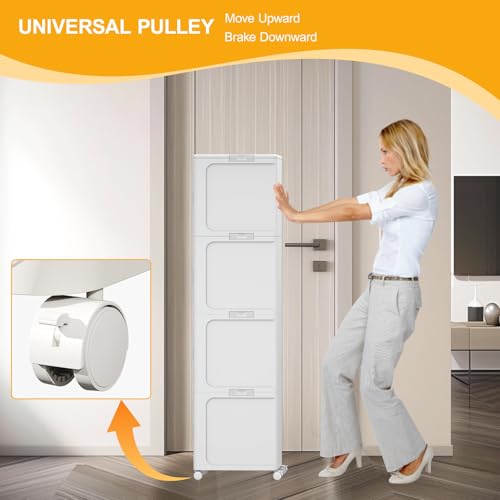 Image of 4-Tier Slim Tall Bathroom Cabinet, Plastic Narrow Cabinet with Doors and Shelves, Floorstanding Skinny Cabinets with Wheels