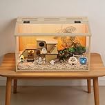 BingoPaw Wooden Hamster Cage Chewproof: Wood Hamster Cages Habitats Openable Top with Tempered Glass, Built-in LED Light for for Dwarf Syrian Hamster, Gerbil, Rats M(60 * 40 * 40cm)