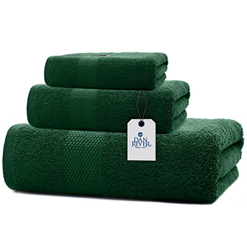 Dan River 100% Cotton Decorative Towels Set Of 3 In Green Color (1 Bath Towel 27X54”, 1 Hand Towel 16X26”, 1 Face Towel 12X18”) Soft Absorbent Embroidered Towel Set For Gifts, Home, Bar & Party #TOP18
