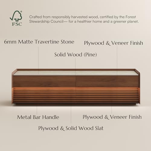 Image of POVISON Fully-Assembled Mid Century Matte Sintered Stone TV Stand, 70.87 inch Wood Media Console with Adjustable LED Light, Entertainment Center with Storage for Living Room