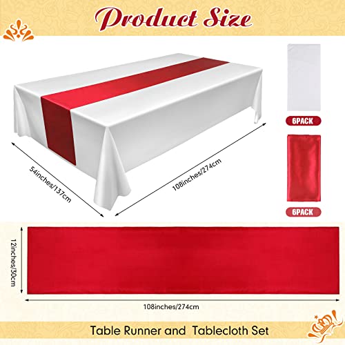 6 Packs 12 X 108 Inch Satin Table Runner And 53 X 108 Inch Disposable Plastic Tablecloths Waterproof Disposable Table Cover Rectangle Tablecloths For Wedding Banquet Party Decor (White, Red) #TOP1