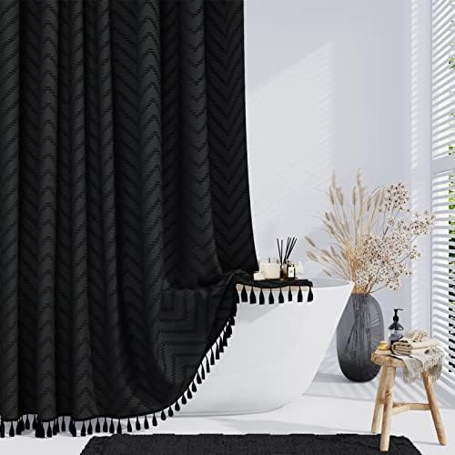 Dynamene Boho Farmhouse Fabric Shower Curtain Tufted Chevron 72"x72" Black