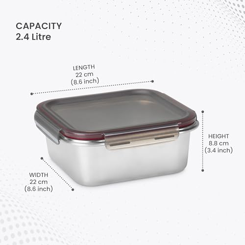 Image of MILTON New Modulo Steel Square 2500 Container with lock lid|Airtight & Leakproof|Microwave & Oven safe| Light Weight | School, Office or Picnic use, 2400 ml, Silver