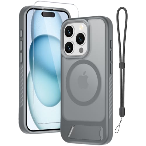RMOCR for iPhone 15 Pro Case with Screen Protector+Lanyard Wrist Strap,Magnetic Translucent Matte Rugged Slim Phone Cover Built in Invisible Kickstand [Fit for MagSafe],Grey