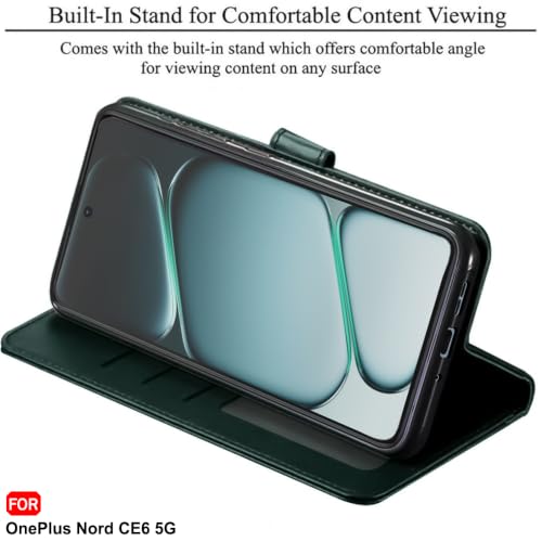 Image of TheGiftKart Genuine Leather Finish Flip Back Cover Case for OnePlus Nord CE 6 5G | Inbuilt Pockets & Stand | Wallet Style | Designer Button | Flip Back Cover for OnePlus Nord CE6 (Faux Leather, Green)