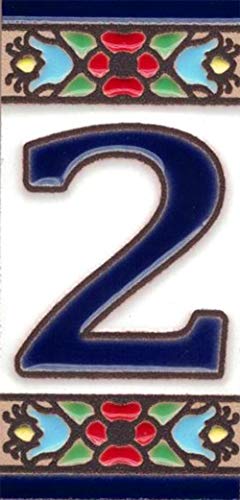 TORO DEL ORO Números para casas. Números y Letras en cerámica esmaltada, Pintados a Mano con la técnica de la cuerda seca. Nombres y direcciones. Mini Flor Azul 3,5 cms x 7,5 cms (Número dos"2") Cover