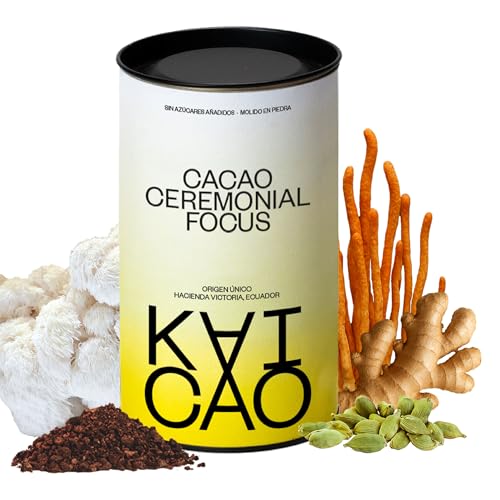 Kaicao Cacao Ceremonial con Melena de León en Polvo, Cordyceps, Jengibre y Cardomomo - Cacao Puro en Polvo, Origen Ecuador – sin Azúcar, Vegano, sin Gluten, Dieta Keto - 200 gr