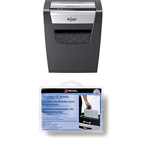 Rexel 2104572EU - Destructora de Papel Personal/Home Office Momentum X312, Corte en Confeti, Papelera de 23L, Seguridad P3, Destruye hasta 12 Hojas + Pack 12 Hojas Lubricantes