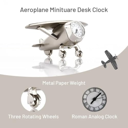 Image of Giftana Aeroplane Miniature Analog Table Clock for Students, Airplane Miniature Desk Clock Paper Weight for Doctors Table, Manual Adjustment, Easy Battery Replacement|93x40 Mm (Silver)