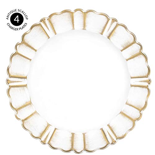 Koyal Wholesale 13" Scallop Charger Plates, Antique Finish, Bulk Acrylic Plastic Charger Plates, Table Setting, Tabletop, Tablescape For Wedding, Holidays, Events, Home Decor (4, White And Gold) #TOP5