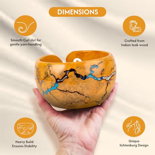 Image of Wooden Yarn Bowl for Crocheting, 7x4inch Large Yellow Teak Crochet Holder Gift Accessories and Knitting Gadgets Supplies Handcrafted with Fractal Wood Burning & Blue,White,Black Resin Inlay (H-Multi)