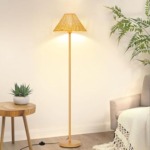 Boho Floor Lamps for Living Room, Rattan Floor Lamp with Woven Wicker Lampshade, 62 inches Mid Century Modern Standing Light, Farmhouse Rustic Coastal Lamp for Bedroom Office Corner, Easy Foot Switch Cover