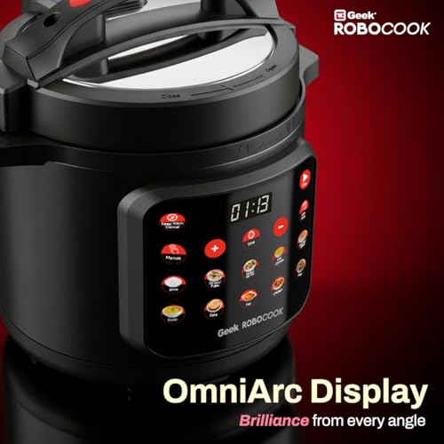 Image of Geek Robocook Nexa V6 Automatic Electric Pressure Cooker | 12 Indian Menus | SenseTouch Display | Rice, Biryani, Dal, & More | SafeClamp 360 10-Layer Safety | Stainless Steel Pot (6 Litre | Black)