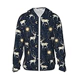 Design fonctionnel : cette veste légère pour homme et femme avec imprimé ciel étoilé et élan, bleu marine, dispose d'une fermeture éclair sur le devant pour un port et un retrait faciles. La capuche réglable, les poignets et l'ourlet élastiques offrent plus de commodité, ce qui la rend adaptée comme veste coupe-vent pour femme ou sweat à capuche pour homme