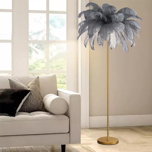 Lámpara de pie salón con plumas modernas gris y dorada con bombilla de tres tonos de luz