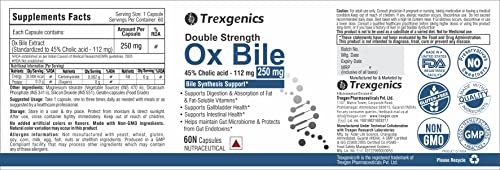 Trexgenics BILE EXTRACT 250 mg 45% Cholic acid DOUBLE STRENGTH Bile Synthesis Support (60 Vegan Capsules) (Pack of 2)