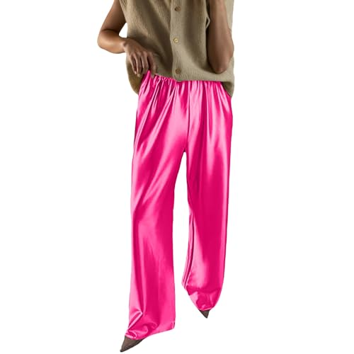 Women's Satin Wide Leg Trousers Drawstring Elastic Waist Palazzo Pants for Office Work Smart Casual Evening Going Out Hot Pink