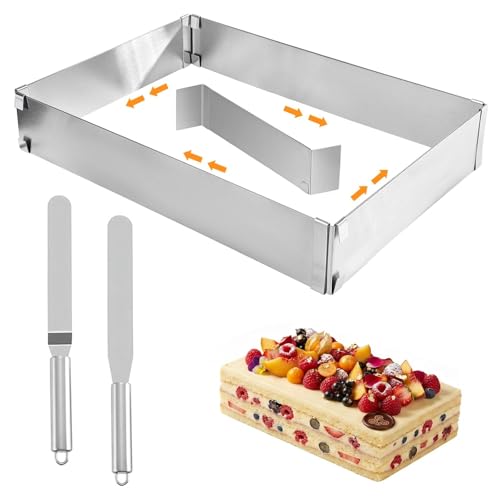 ACHANFLY Cadre Patisserie Rectangulaire Extensible en Acier Inoxydable 18-53cm avec 2 Spatules Moule à Gâteau Cadre Patisserie pour Gateau Mousse Dessert...