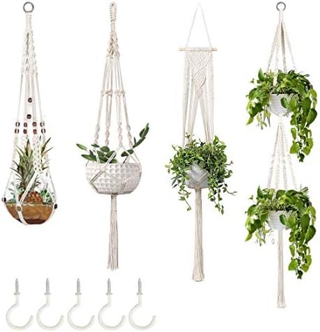 GROWNEER 4 Packs Macrame Plant Hangers with 5 Hooks, Different Tiers, Handmade Cotton Rope Hanging Planters Set Flower Pots Holder Stand, for Indoor Outdoor Boho Home Deco