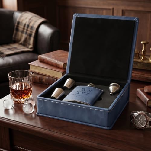 Image of Personalised Hip Flask for Men - Engraved Whisky Flask Gift Set (Blue Leather Hip Flask Set)