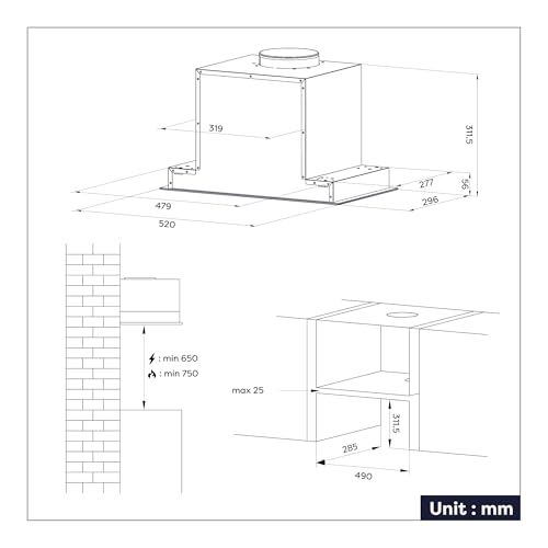 CIARRA 52 cm integrierte Dunstabzugshaube, eingebauter Küchenabluftventilator mit Wellensteuerung, LED-Licht, Kohlefilter, Umluft- und Luftführungsoptionen, schlanke Unterschrank-Küchenhaube
