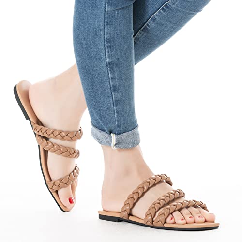 Image of Mtzyoa Women's Strappy Flat Sandals with Toe Ring | Lightweight Walking Slides | Summer Beach Wedding Shoes | Black | Casual Dressy Vacation