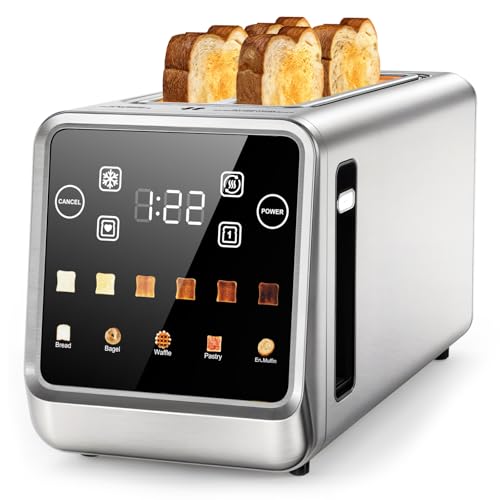 4 Slice Toaster with Smart Digital Touchscreen & 1-Touch Memory | Stainless Steel, Long Extra-Wide Slot for Bagels & Artisan Bread | Single-Slice, Defrost, and Reheat Modes