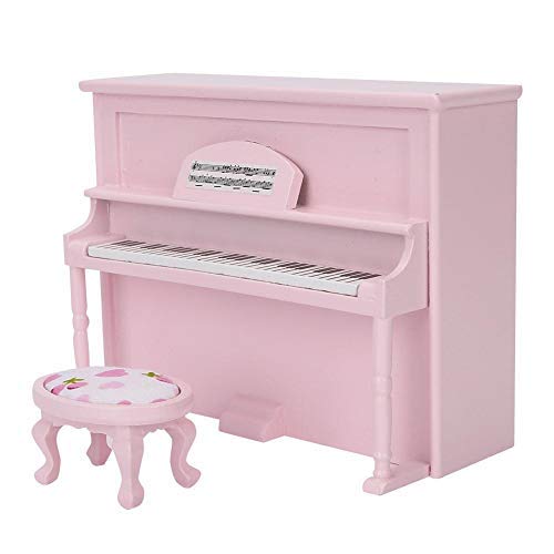 Casa de muñecas Mini Juguete de Piano Vertical, Mini Piano de Juguete Modelo Vertical con Taburete Simulación Muebles Decoración para 1/12 Accesorios de casa de muñecas (Pink)