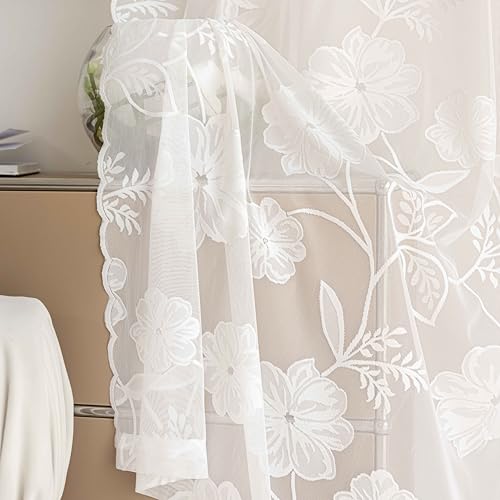 Image of White Lace Sheer Curtains 63inch Rose Knitted Net Curtains with Vintage Floral Embroidered for Living Room Bedroom Window Privacy Country Chic Retro Leaf Semi Sheer Drapes Rod Pocket 54 inchW 2Panels