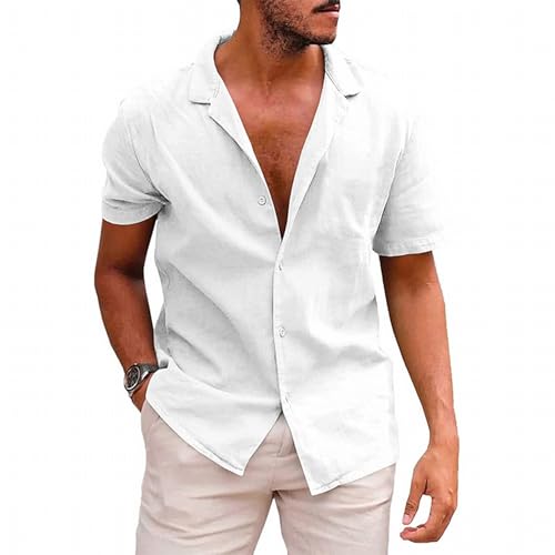 MSIYOW Camisa Lino Manga Corta Hombre Camisa de Verano Casual Shirt con Botones Camiseta Informal Ajuste Regular (L, Blanco)