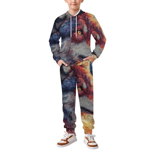 Boy's Girl's Hooded Tracksuit Pullover Sweatshirt Jogging Pants Sweatsuit, Wolf Galaxy